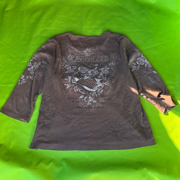 Large Y2K Womens Brown Chocolate Rhinestone Long Sleeve Top Love Paris Graphic - Picture 2 of 5